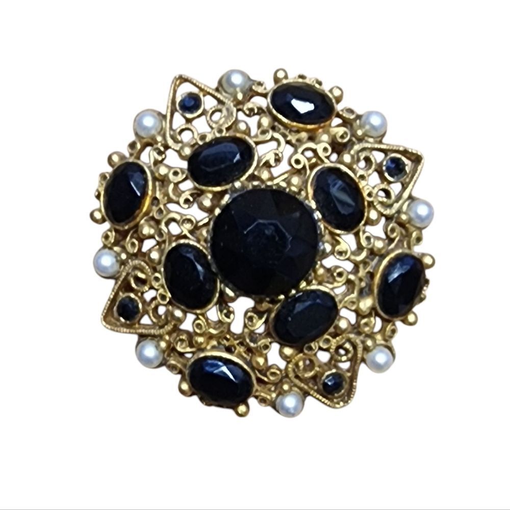 Florenza Victorian Style Gold Black & Pearl Brooch